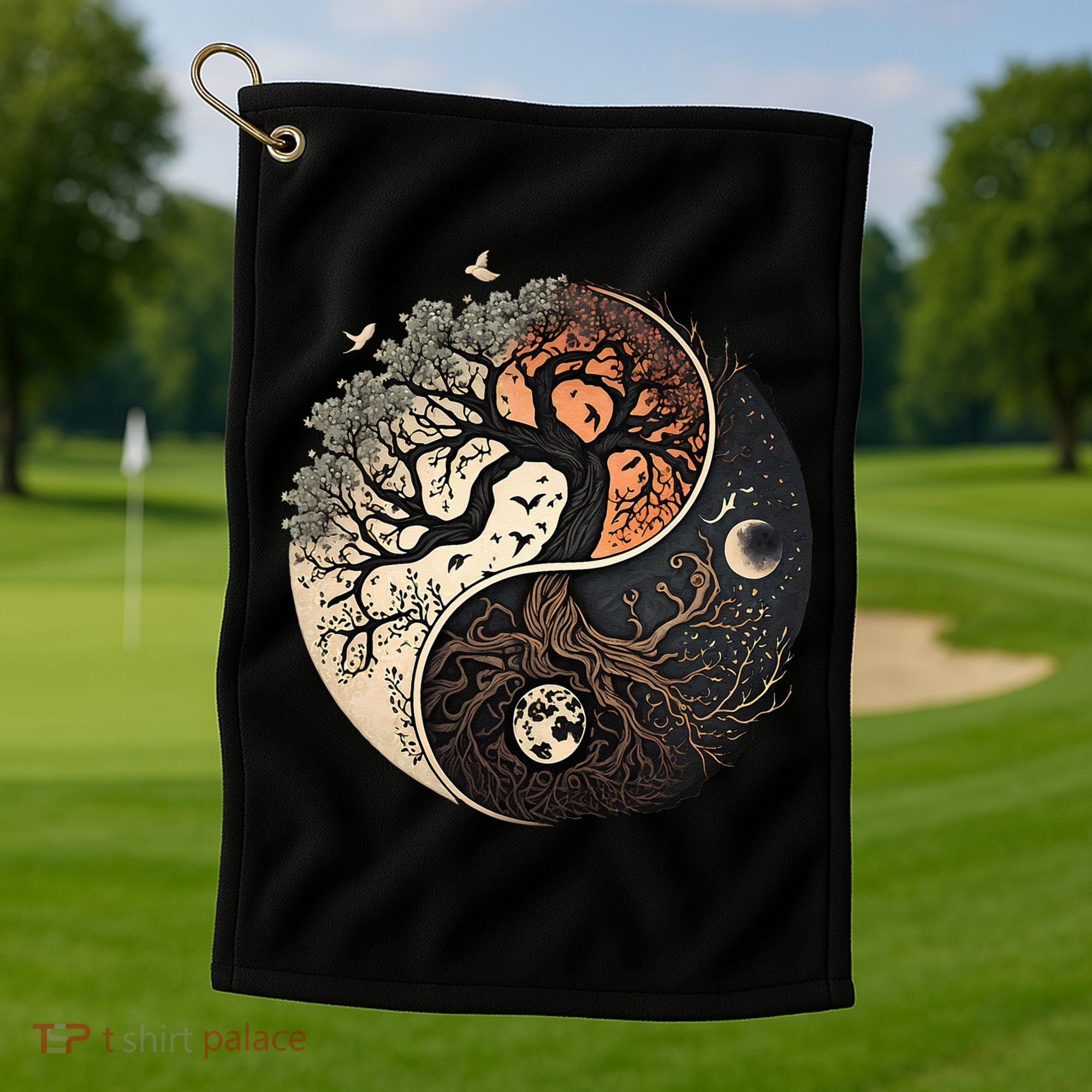 Harmonious Tree Of Life Yin Yang Black Golf Towel