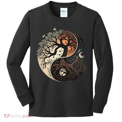 Harmonious Tree Of Life Yin Yang Black Kids Long Sleeve Shirt