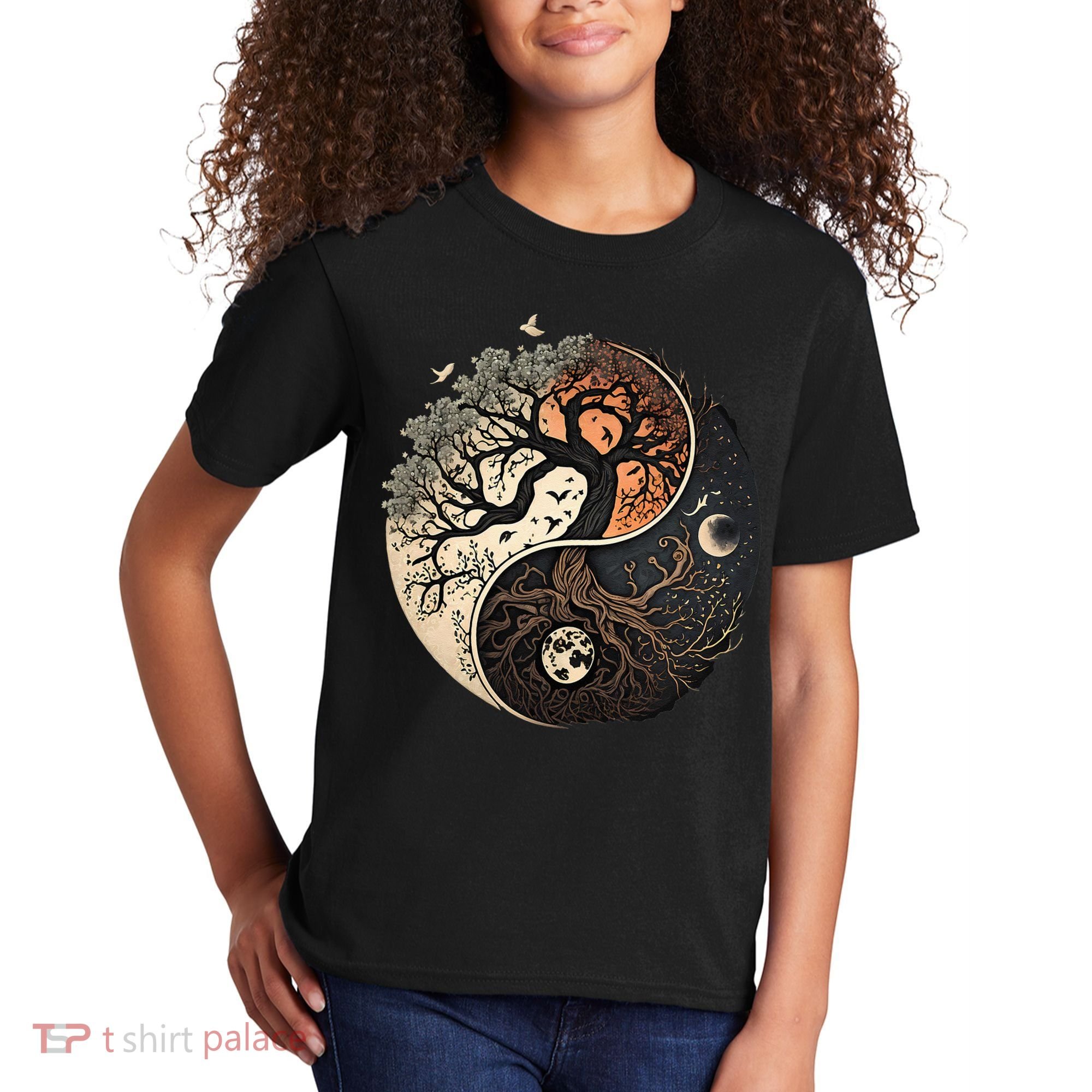Harmonious Tree Of Life Yin Yang Black Kids T-Shirt