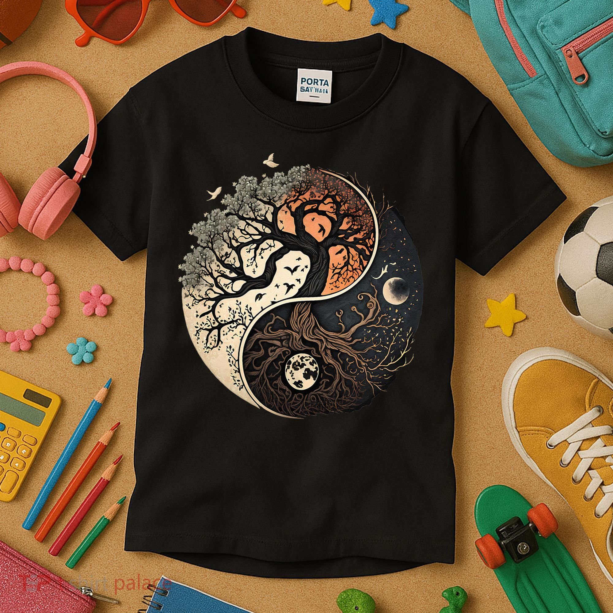 Harmonious Tree Of Life Yin Yang Black Kids T-Shirt