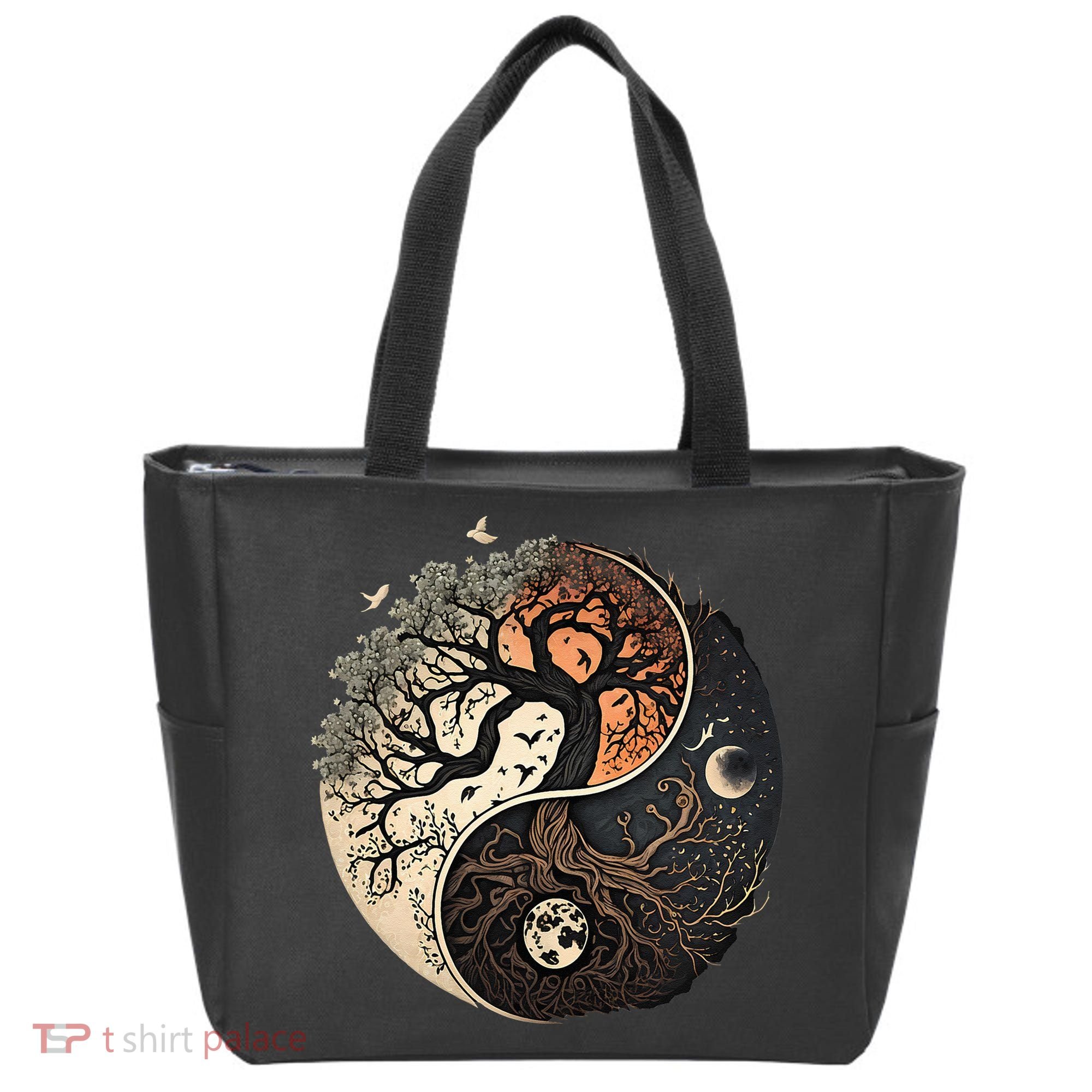 Harmonious Tree Of Life Yin Yang Black Tote Bag
