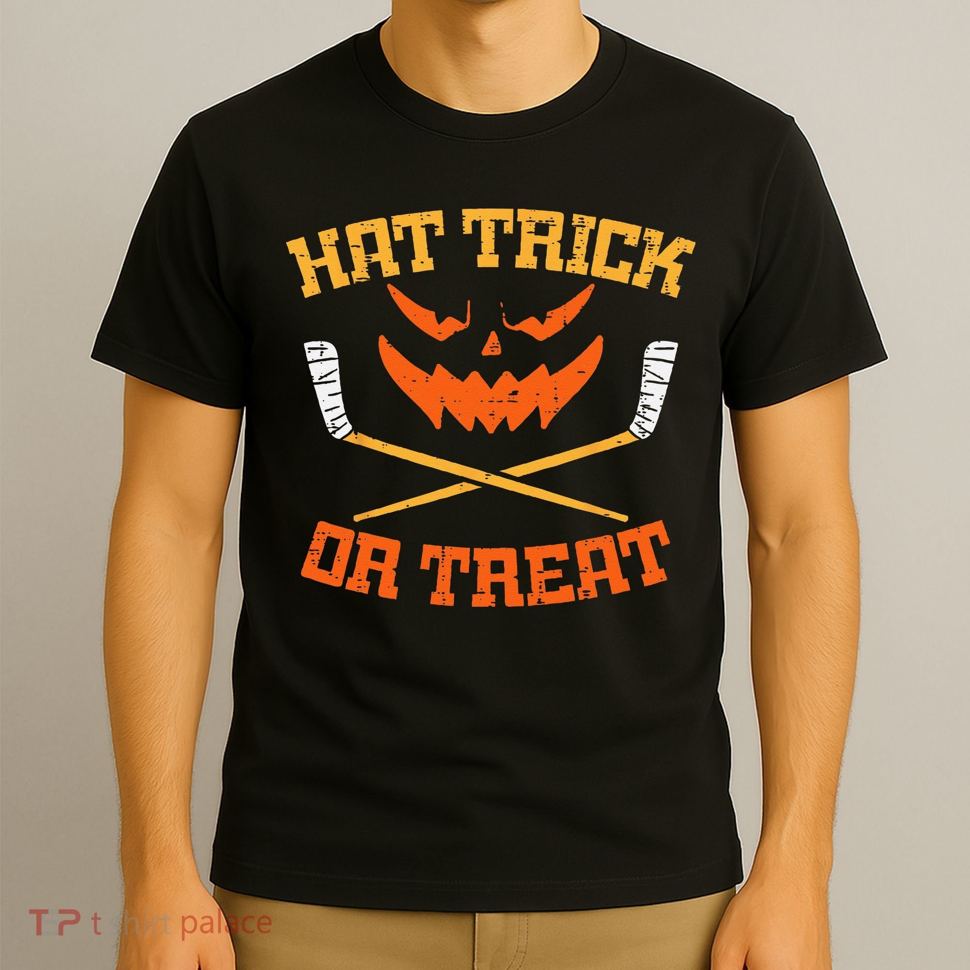 Hat Trick Or Treat Ice Hockey Halloween Boy Men Player Coach T-Shirt