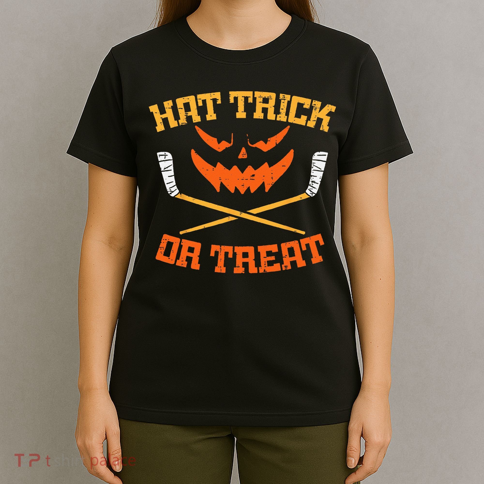 Hat Trick Or Treat Ice Hockey Halloween Boy Men Player Coach T-Shirt