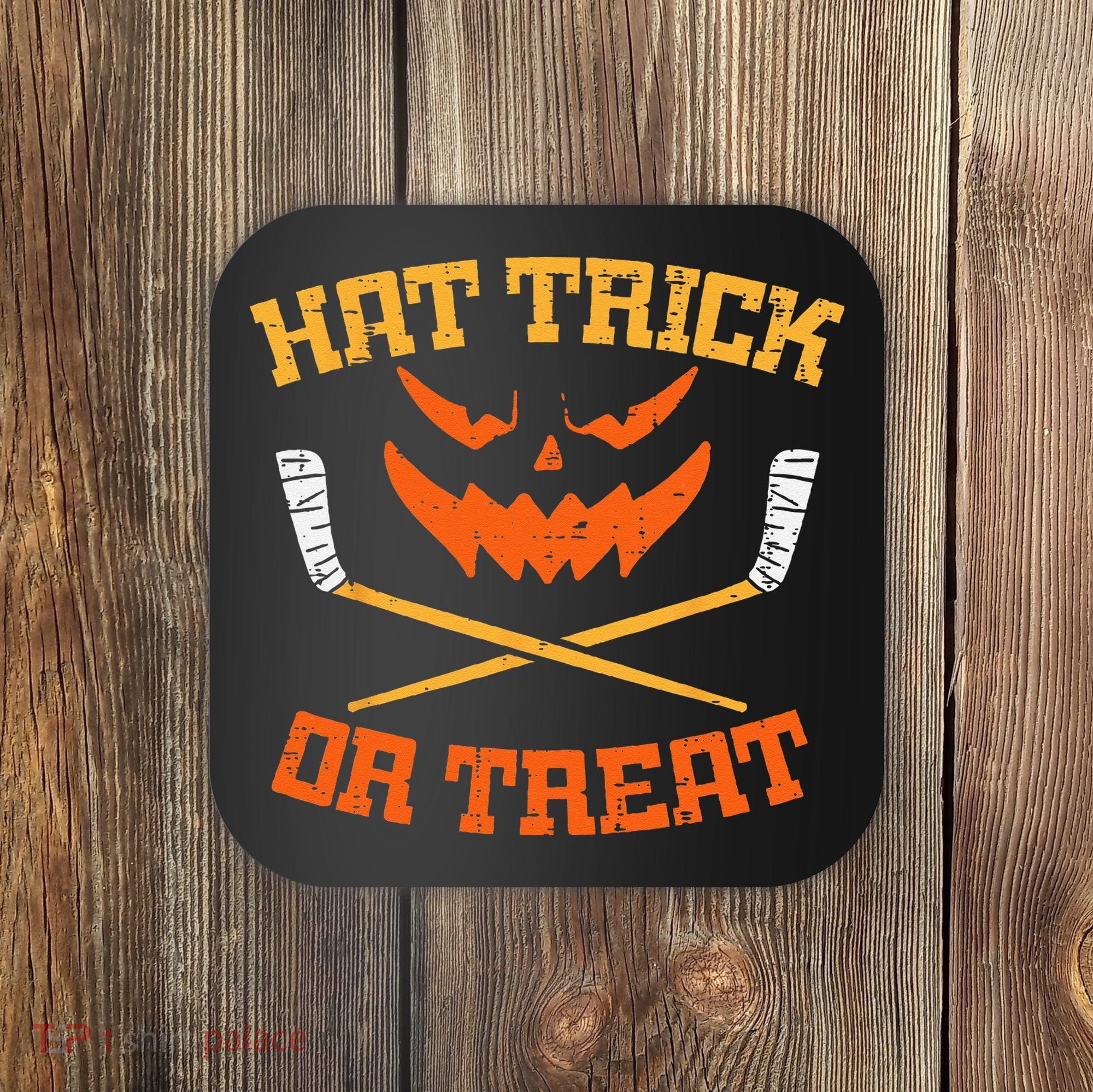 Hat Trick Or Treat Ice Hockey Halloween Boy Men Player Coach Coaster