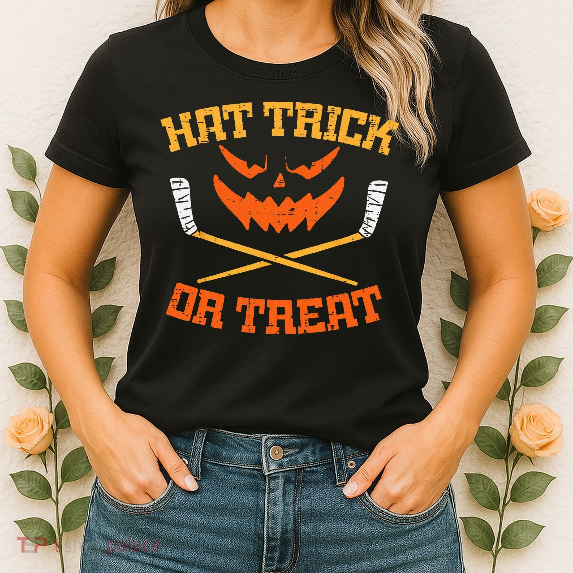 Hat Trick Or Treat Ice Hockey Halloween Boy Men Player Coach Women's T-Shirt