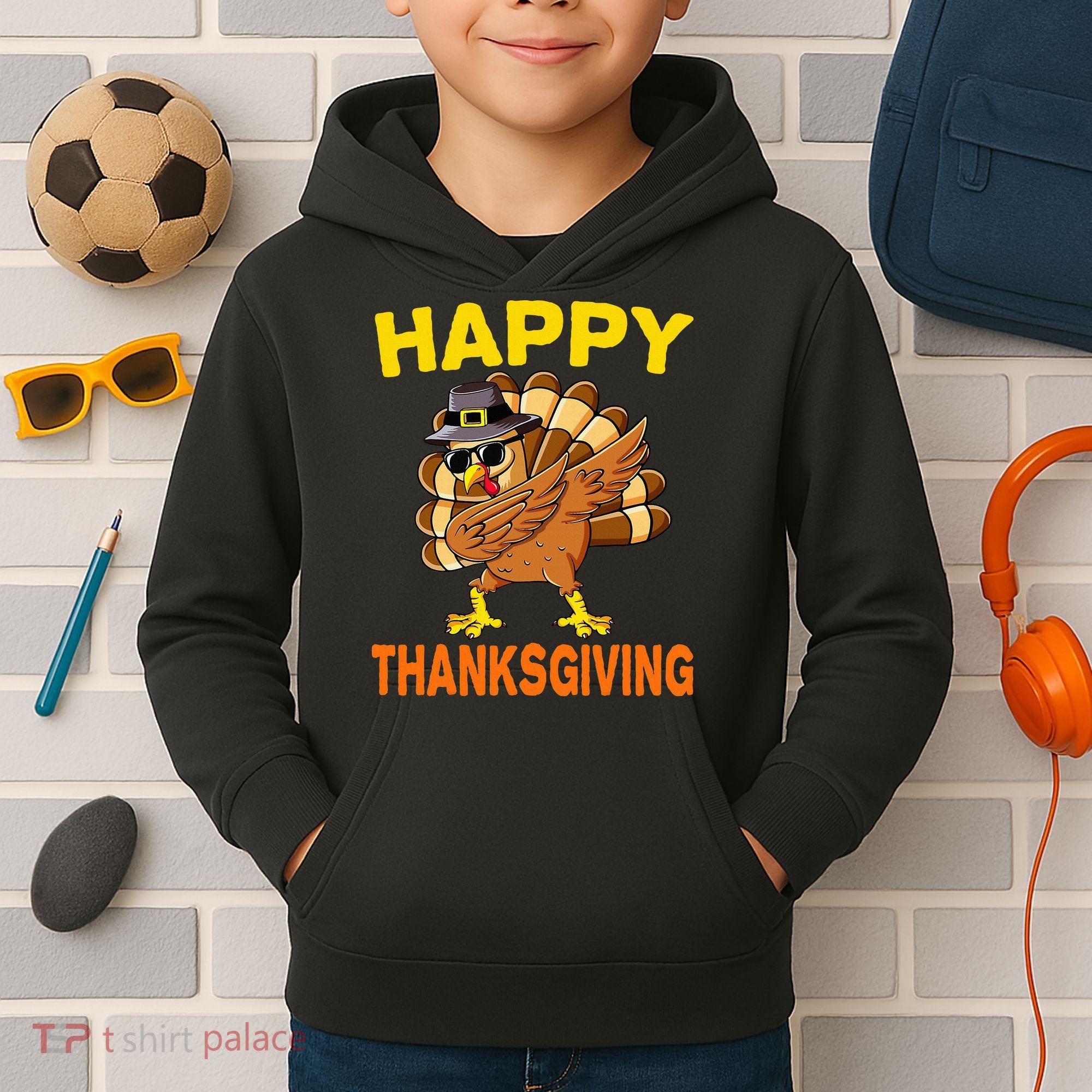 Happy Thanksgiving Pilgrim Turkey Kids Hoodie