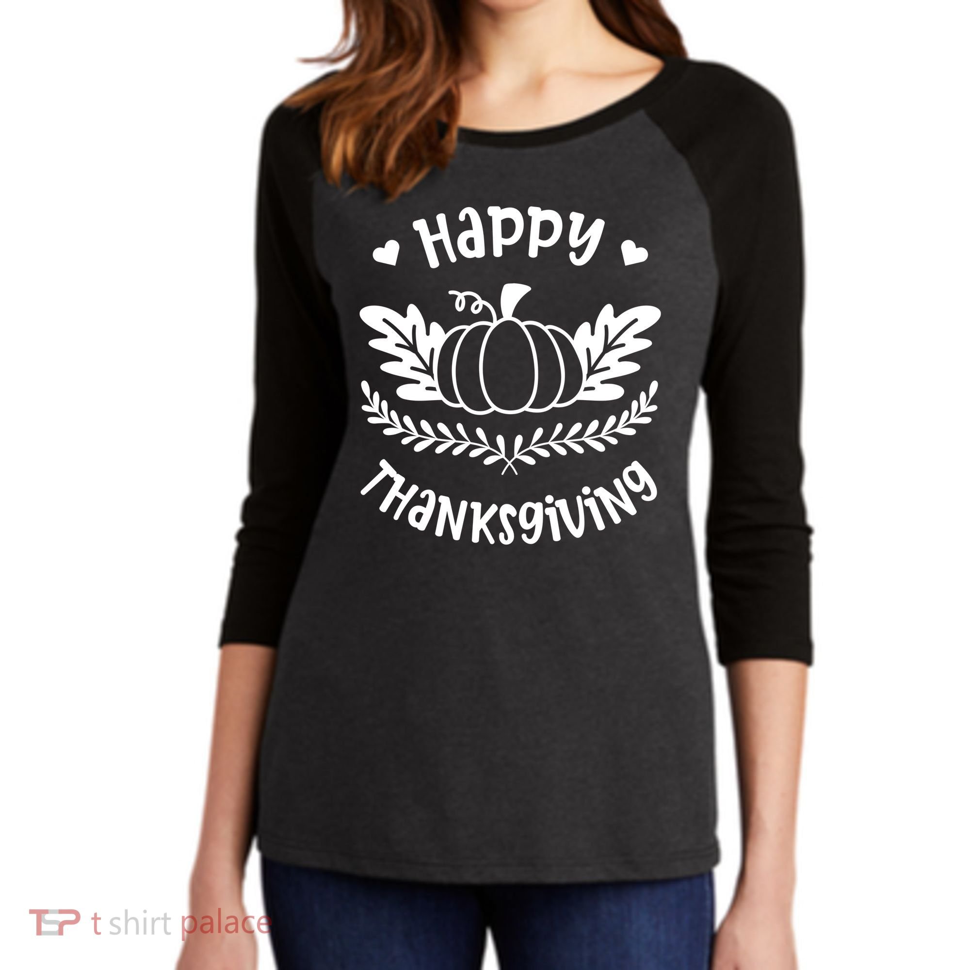 Happy Thanksgiving Pumpkin Cute Women's Tri-Blend 3/4-Sleeve Raglan Shirt