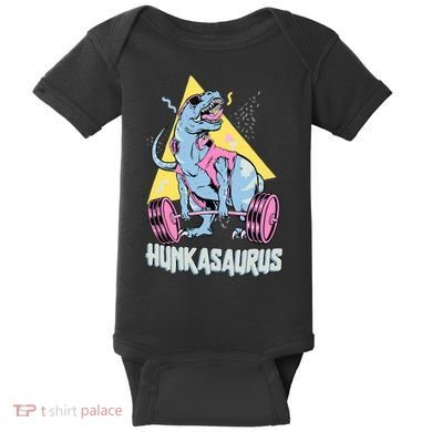 Hunkasaurus T rex Dinosaur Funny Gym & Workout Baby Bodysuit