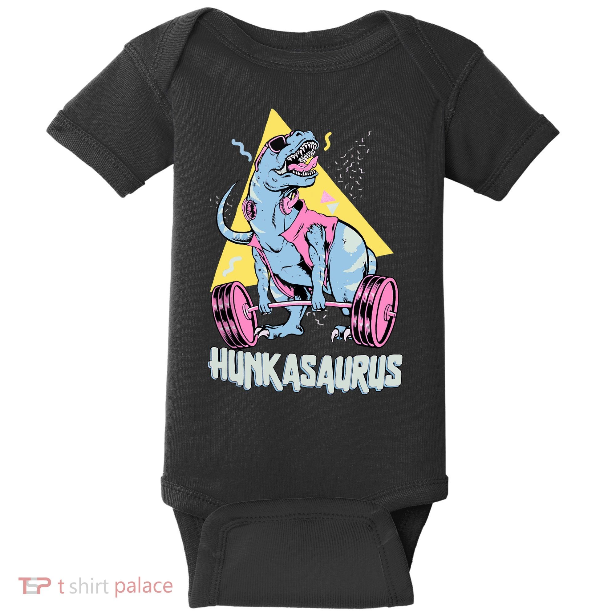 Hunkasaurus T rex Dinosaur Funny Gym & Workout Baby Bodysuit