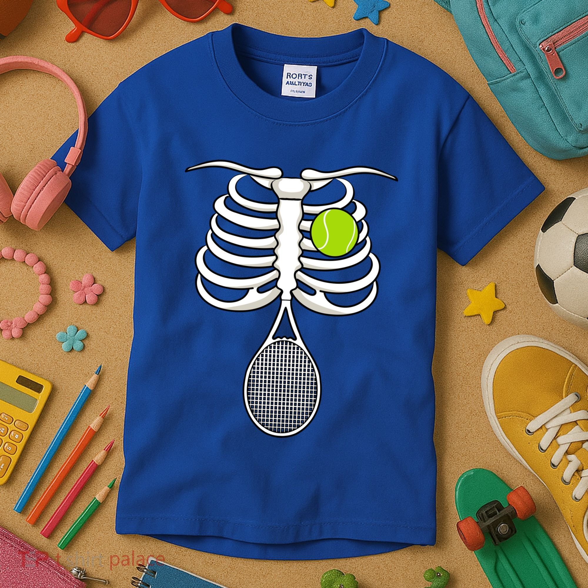 Halloween Tennis Racket Ball Game Sport Skeleton Cool Gift Kids T-Shirt