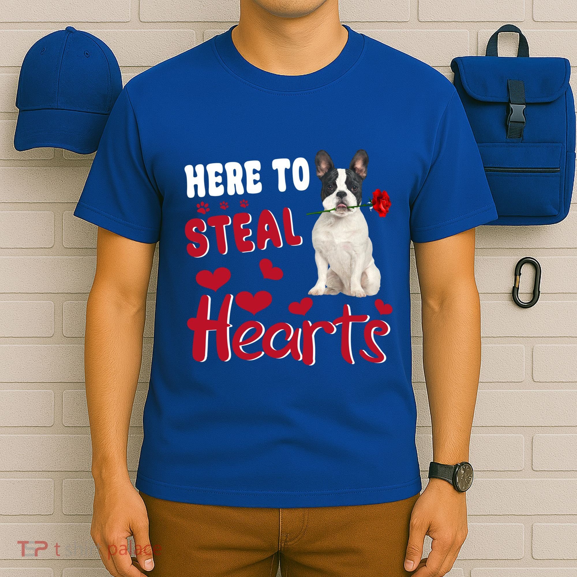Here To Steal Hearts Funny French Bulldog Dog Valentines Day Funny Gift T-Shirt