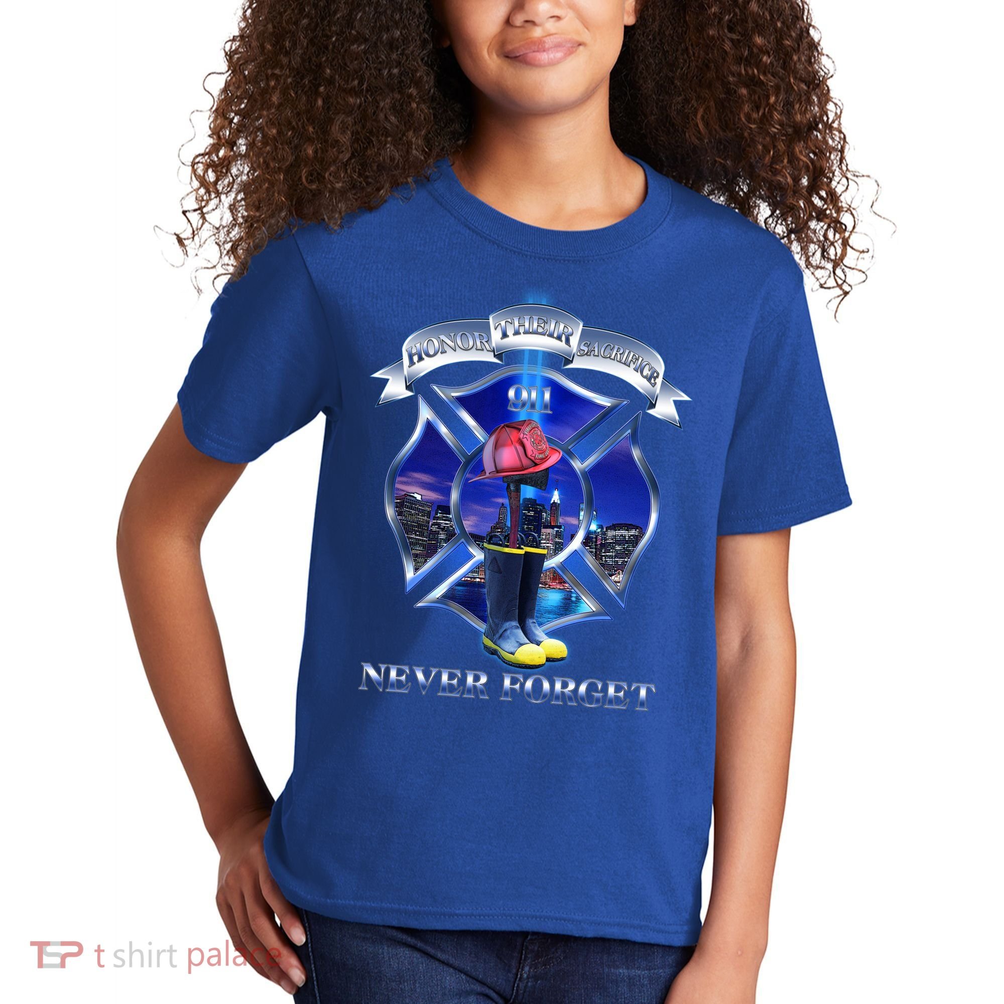 Honor Their Sacrifice Never Forget 911 September 11 Fire Fighters Heroes Kids T-Shirt