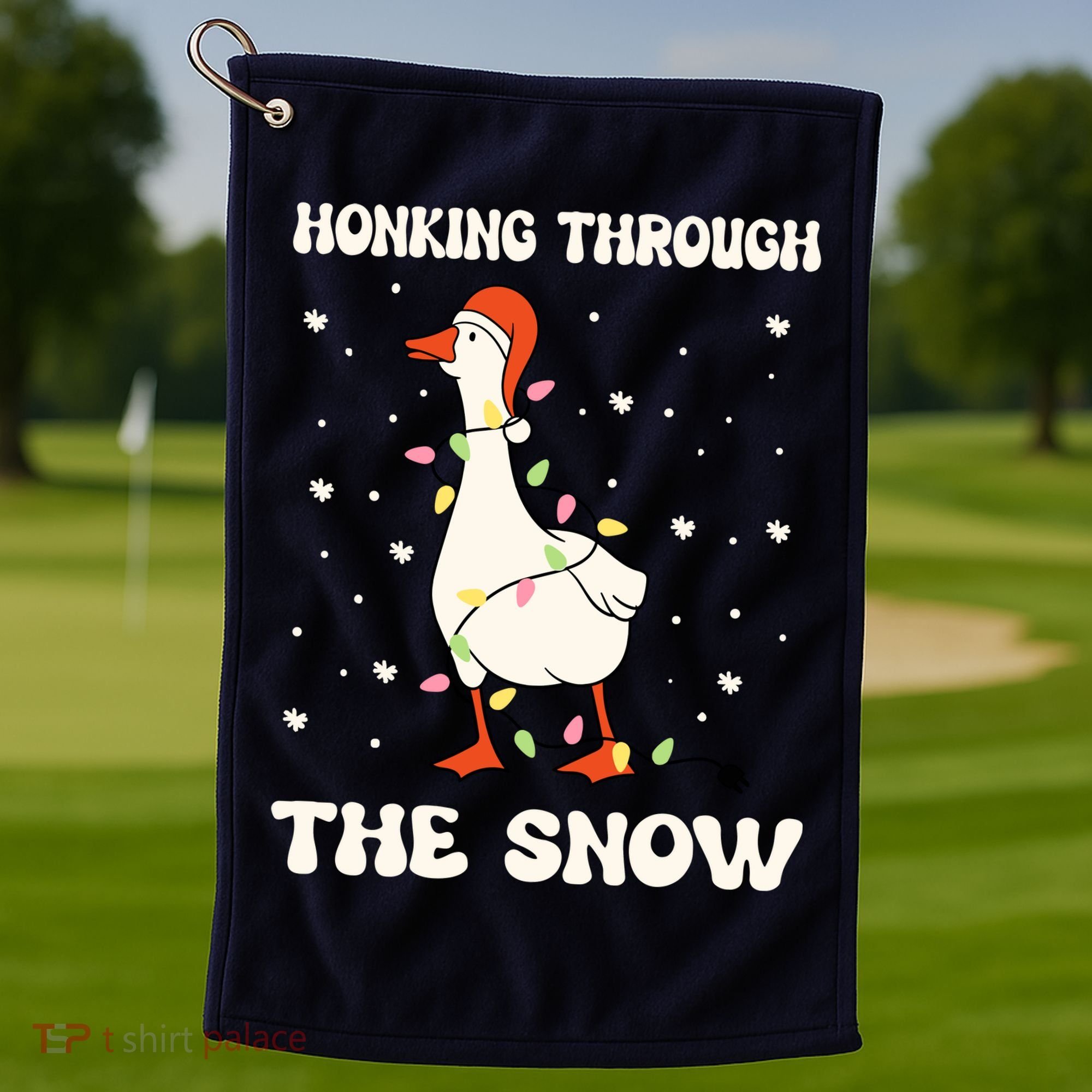 Honking Through The Snow Funny Goose Ugly Christmas Golf Towel