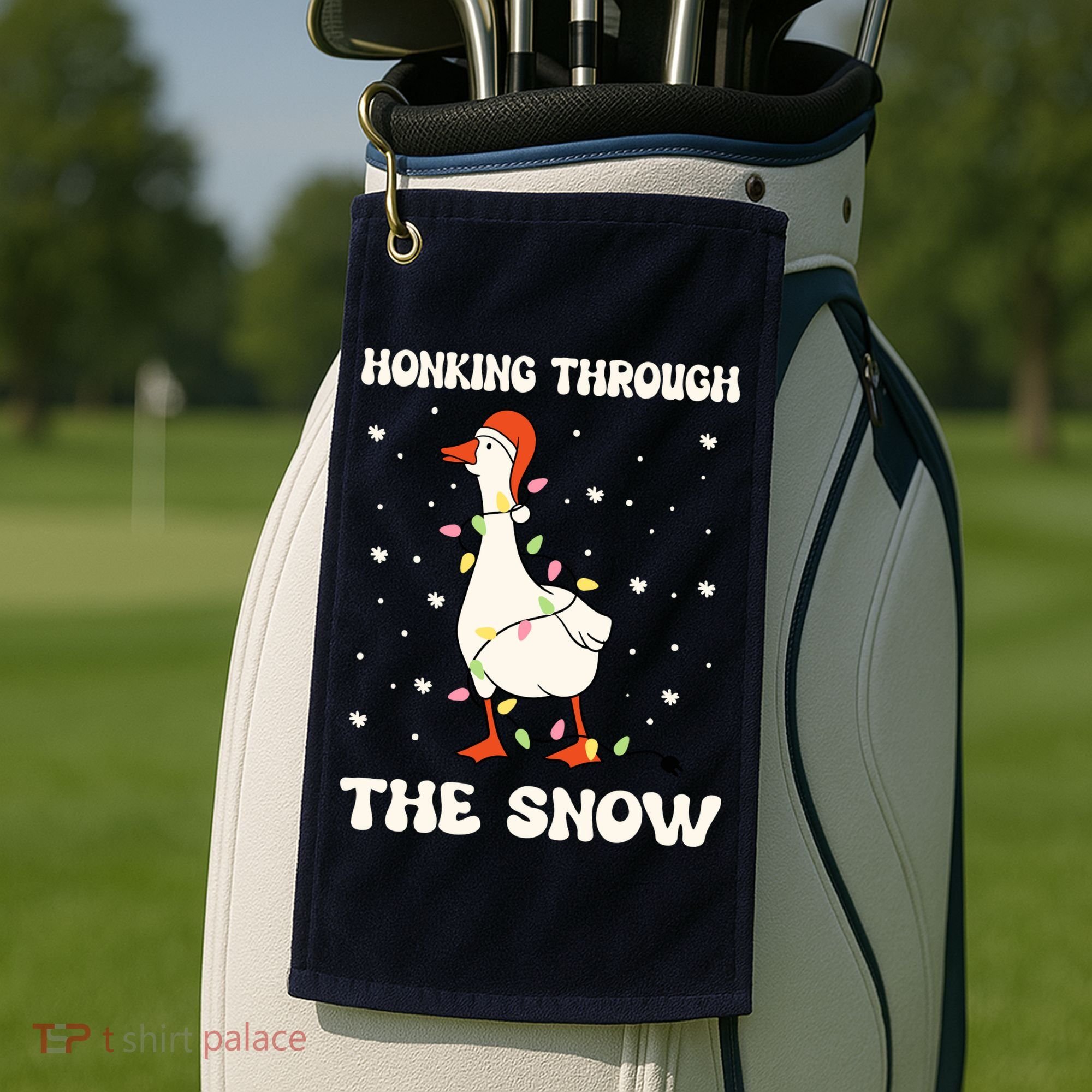 Honking Through The Snow Funny Goose Ugly Christmas Golf Towel