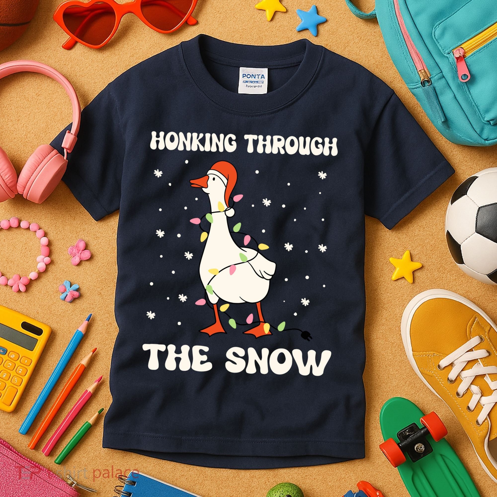 Honking Through The Snow Funny Goose Ugly Christmas Kids T-Shirt