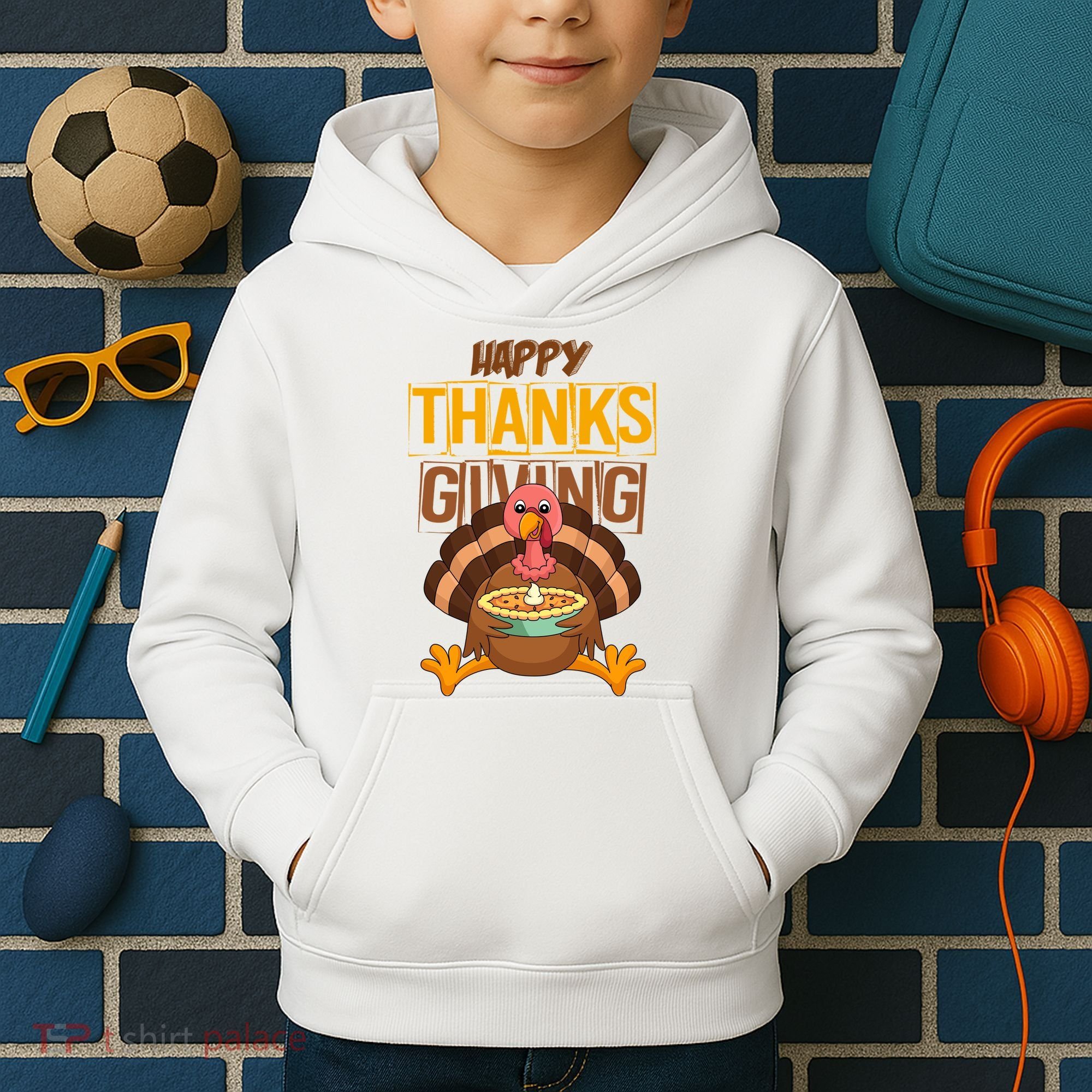 Happy Thanksgiving Turkey Pie Holiday Kids Hoodie