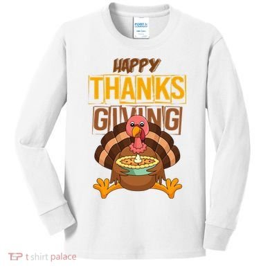 Happy Thanksgiving Turkey Pie Holiday Kids Long Sleeve Shirt