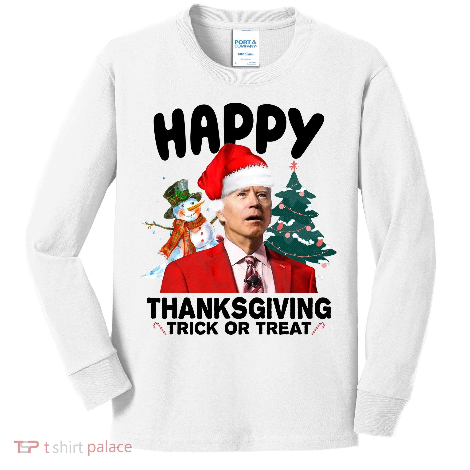 Happy Thanksgiving Trick Or Treat Funny Joe Biden Kids Long Sleeve Shirt