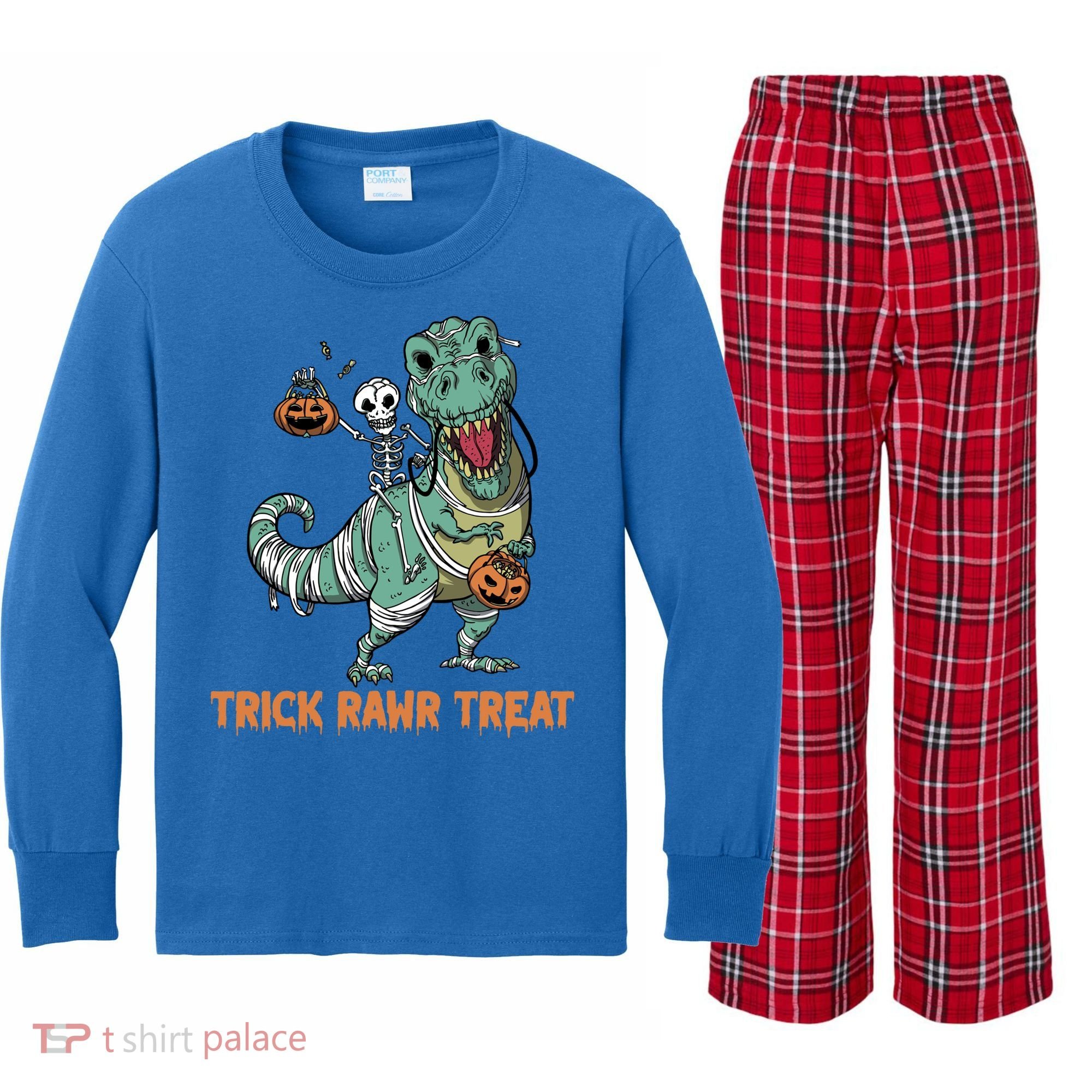 Halloween Trex Tgiftrex Trick Rawr Treat Funny Dinosaur Mummy Gift Kids Long Sleeve Plaid Pajama Set