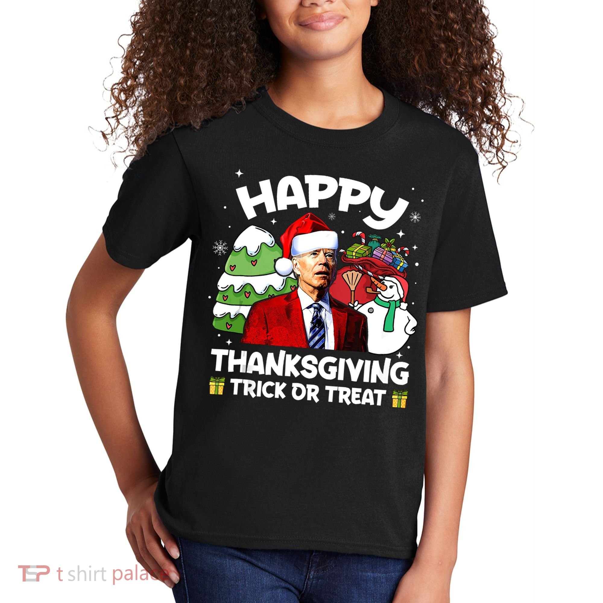 Happy Thanksgiving Trick Or Treat Joe Biden Santa Christmas Kids T-Shirt
