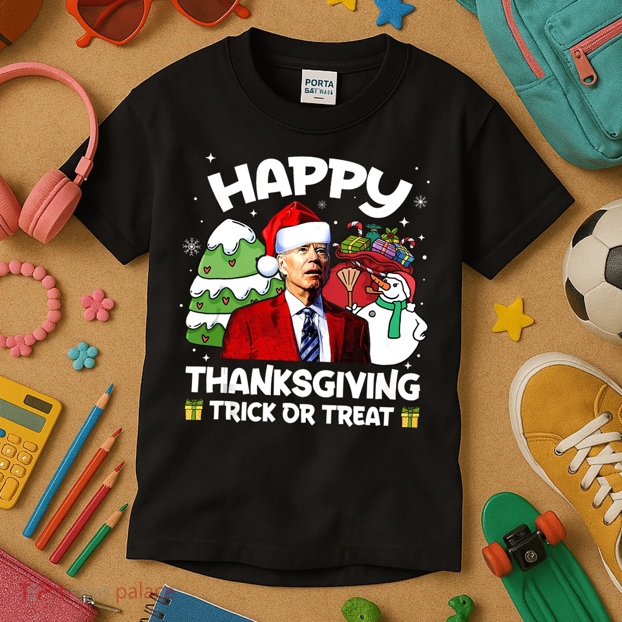 Happy Thanksgiving Trick Or Treat Joe Biden Santa Christmas Kids T-Shirt