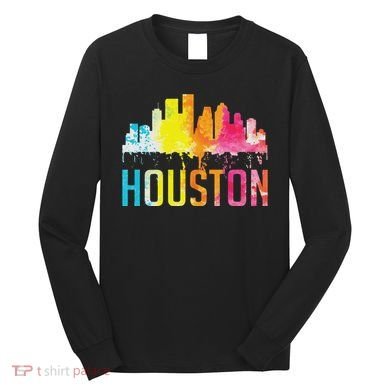 Houston Texas Watercolor Skyline Home State Souvenir Gift Long Sleeve Shirt