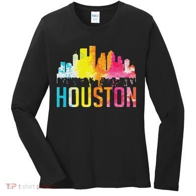 Houston Texas Watercolor Skyline Home State Souvenir Gift Women's Long Sleeve Shirt