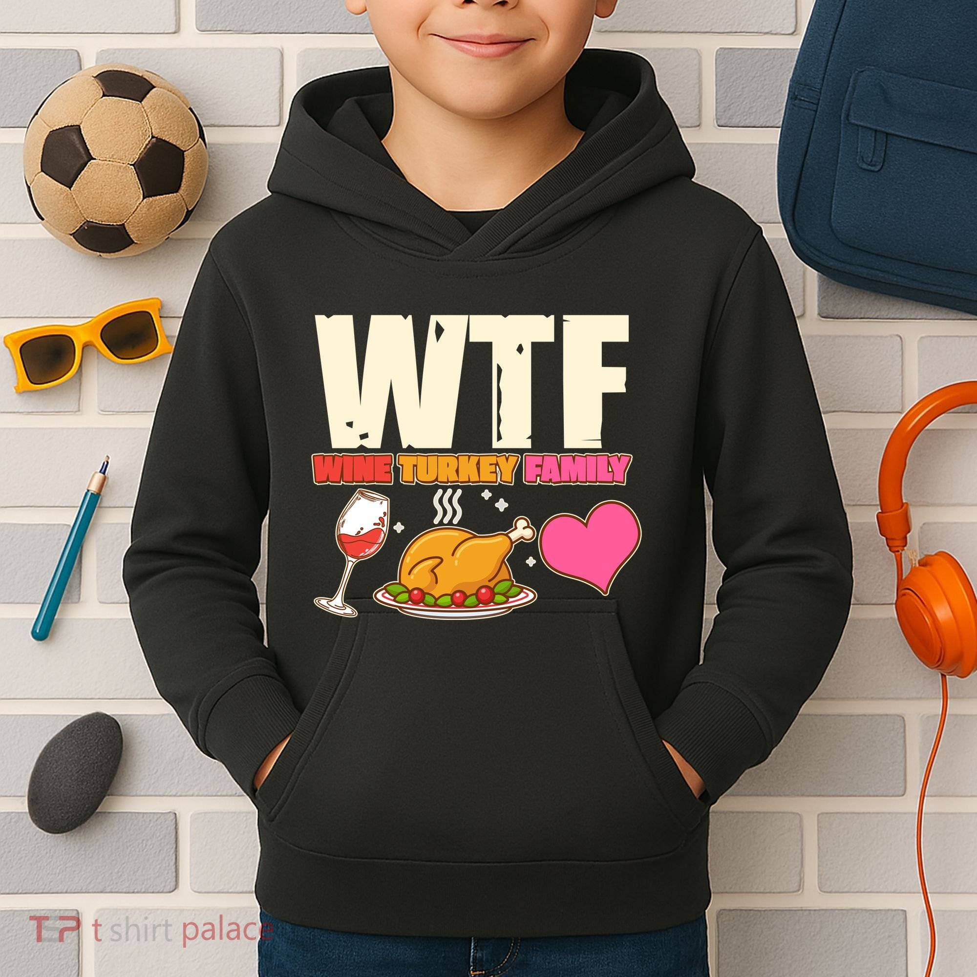 Holiday Time WTF Wine Turkey Family Kids Hoodie