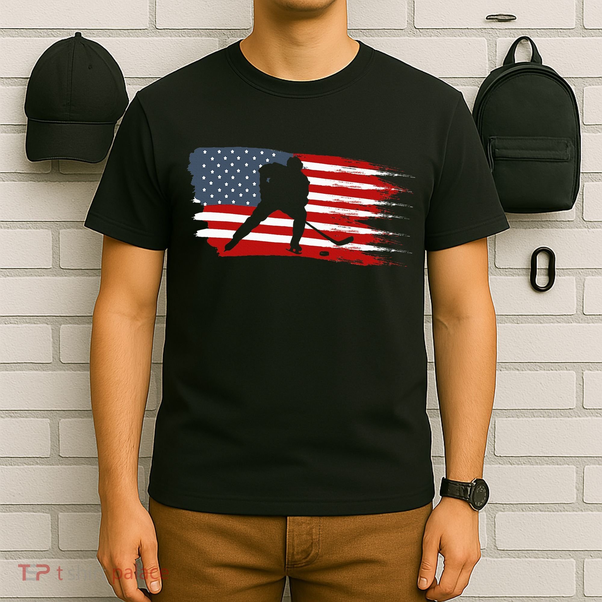 Hockey Usa Flag American Flag Patriotic Ice Hockey T-Shirt