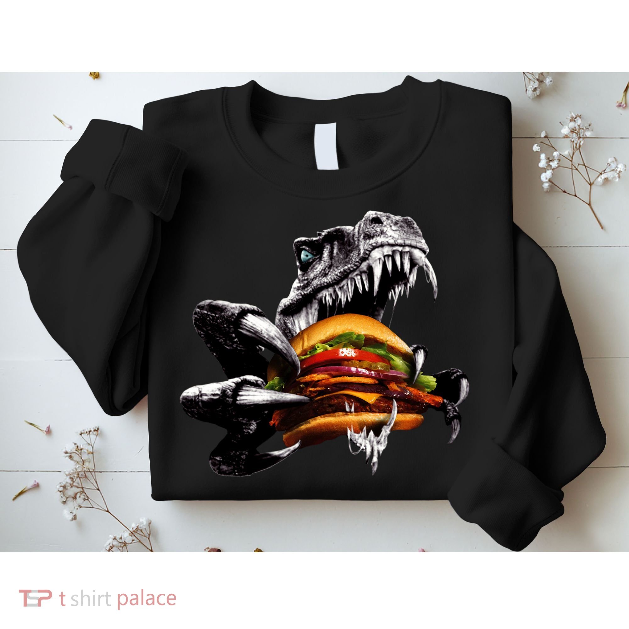 Hungry T-Rex Eating A Burger Sweatshirt