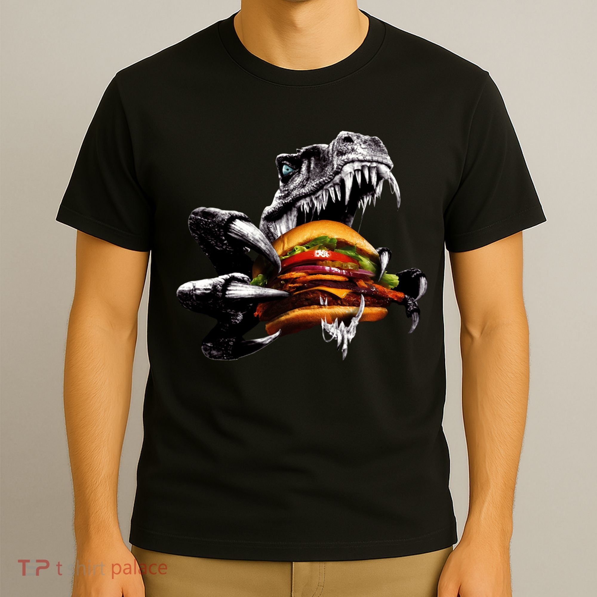 Hungry T-Rex Eating A Burger T-Shirt