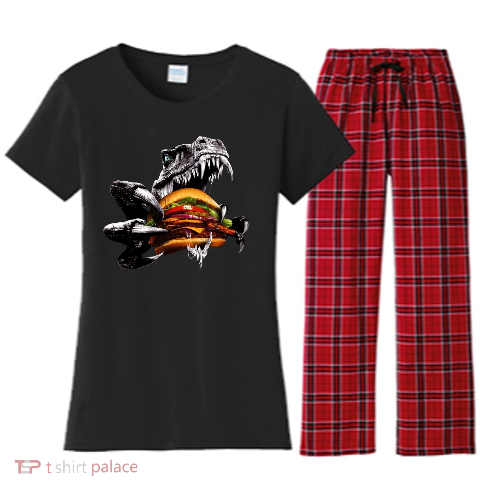 Hungry T-Rex Eating A Burger Women's Flannel Pajama Set
