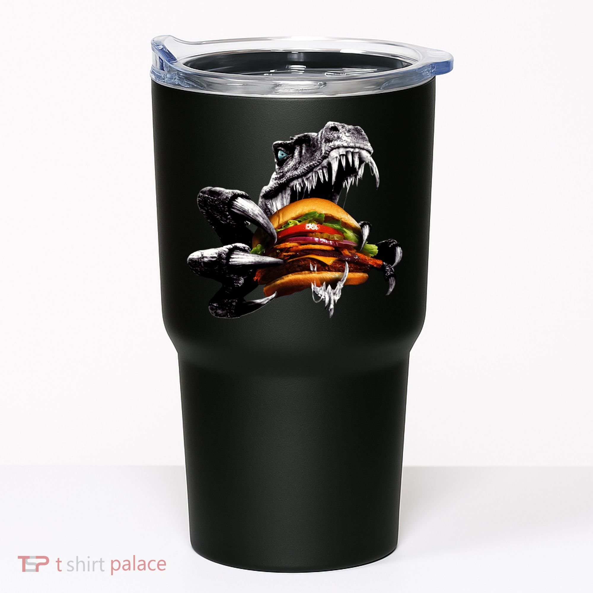 Hungry T-Rex Eating A Burger Tumbler