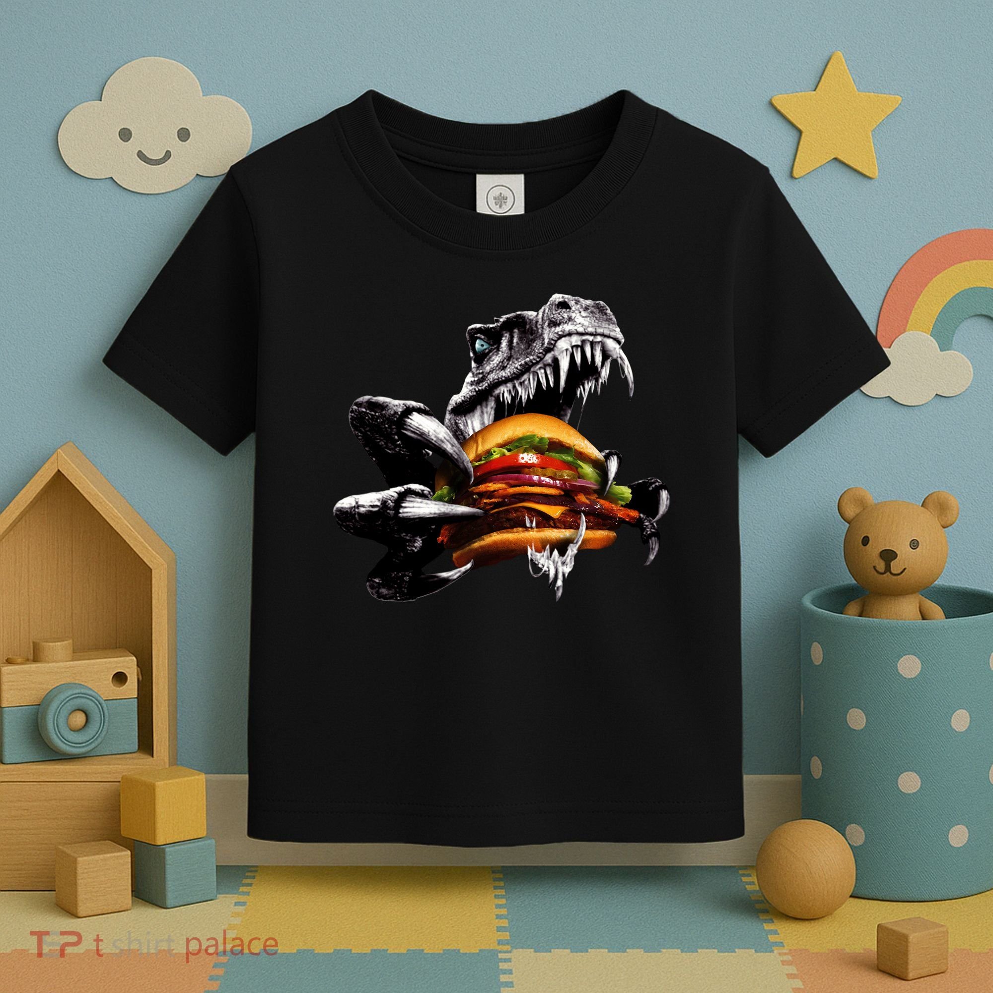 Hungry T-Rex Eating A Burger Toddler T-Shirt