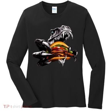 Hungry T-Rex Eating A Burger Women's Long Sleeve Shirt