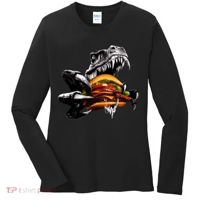 Hungry T-Rex Eating A Burger Women's Long Sleeve Shirt