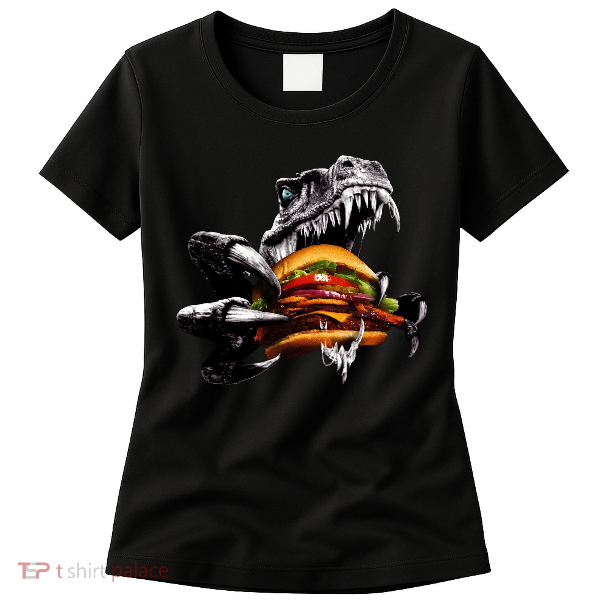 Hungry T-Rex Eating A Burger Women's T-Shirt