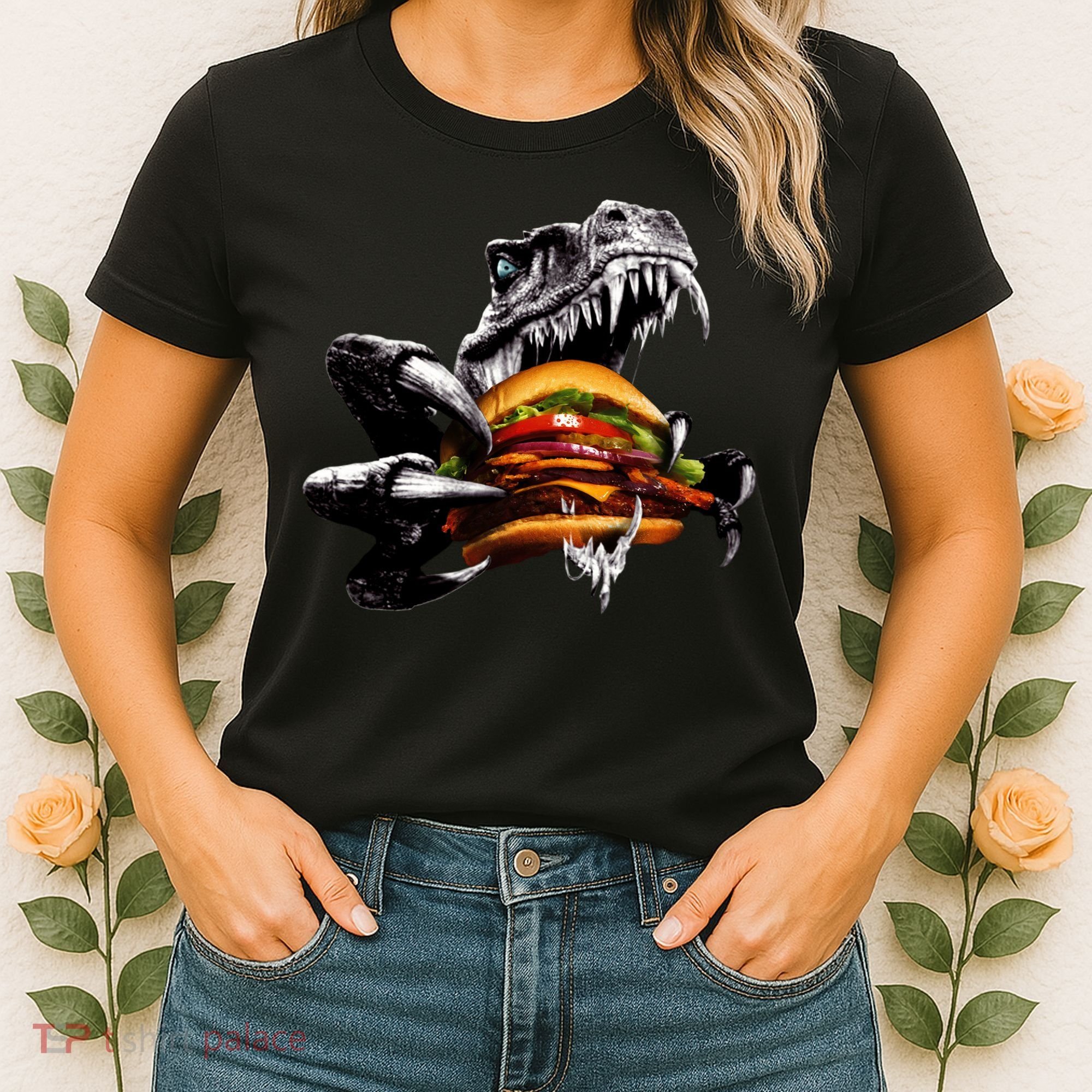 Hungry T-Rex Eating A Burger Women's T-Shirt