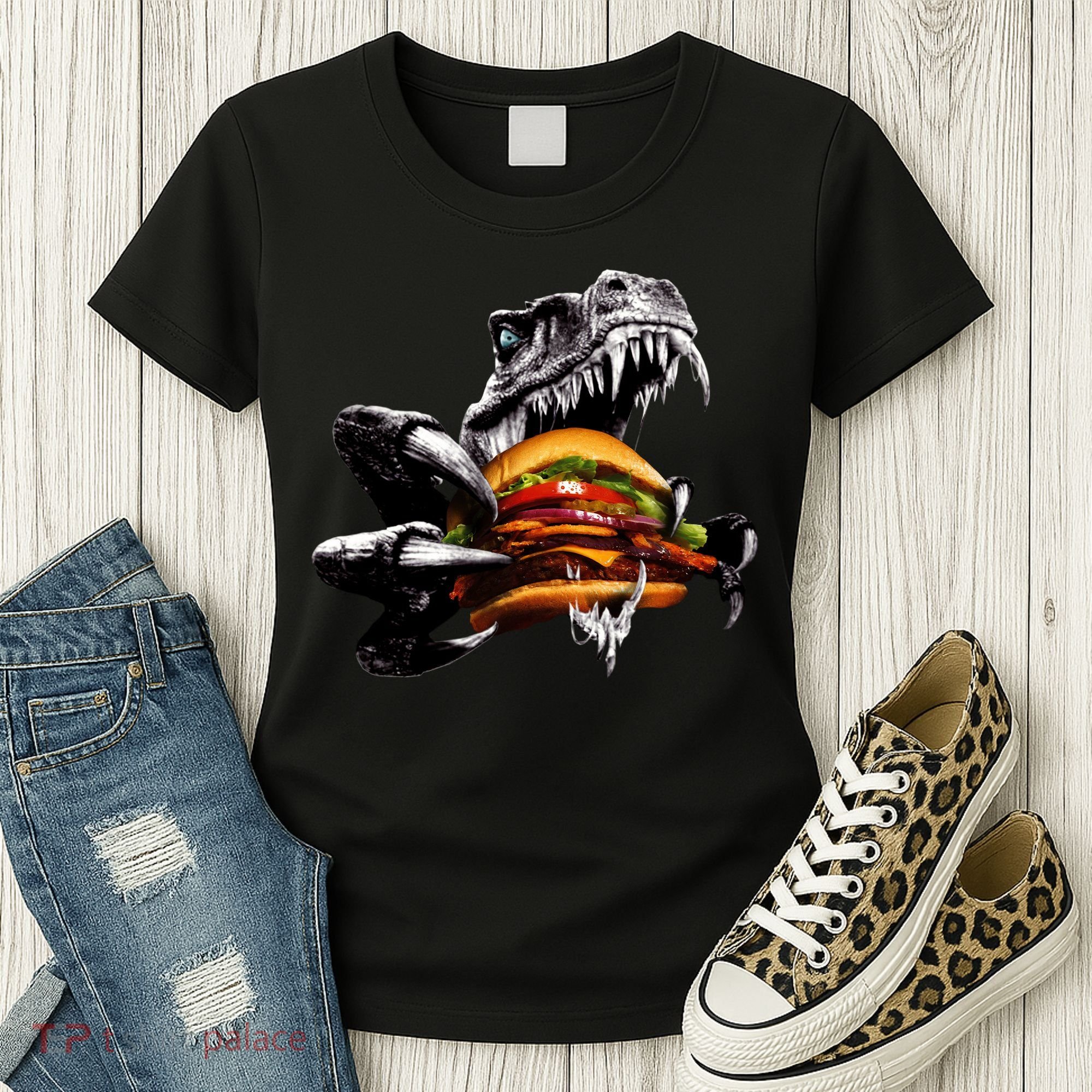 Hungry T-Rex Eating A Burger Women's T-Shirt