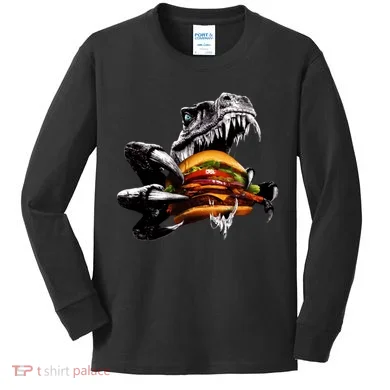 Hungry T-Rex Eating A Burger Kids Long Sleeve Shirt