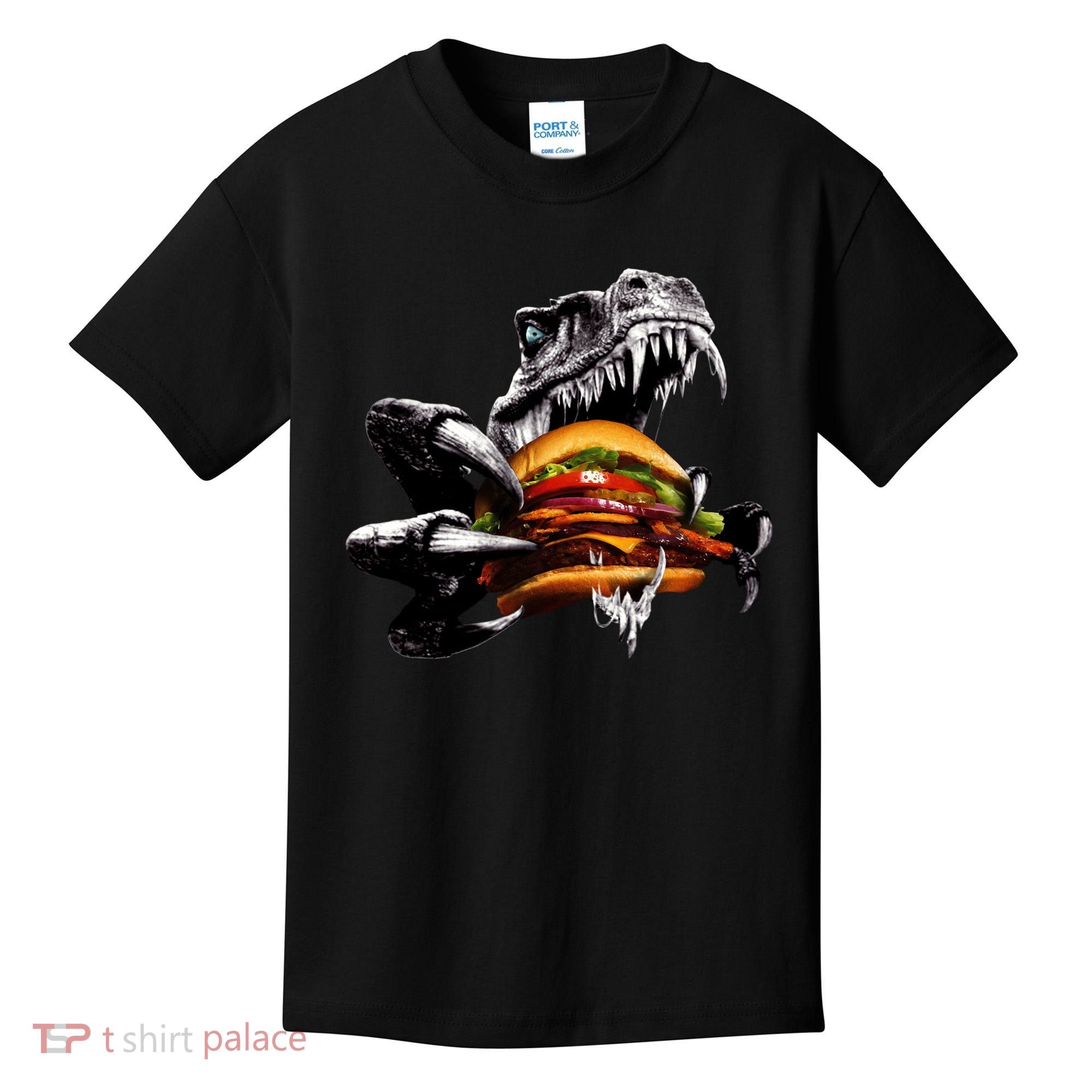 Hungry T-Rex Eating A Burger Kids T-Shirt