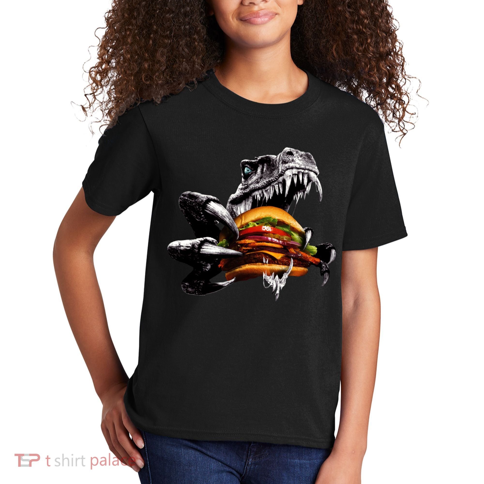 Hungry T-Rex Eating A Burger Kids T-Shirt