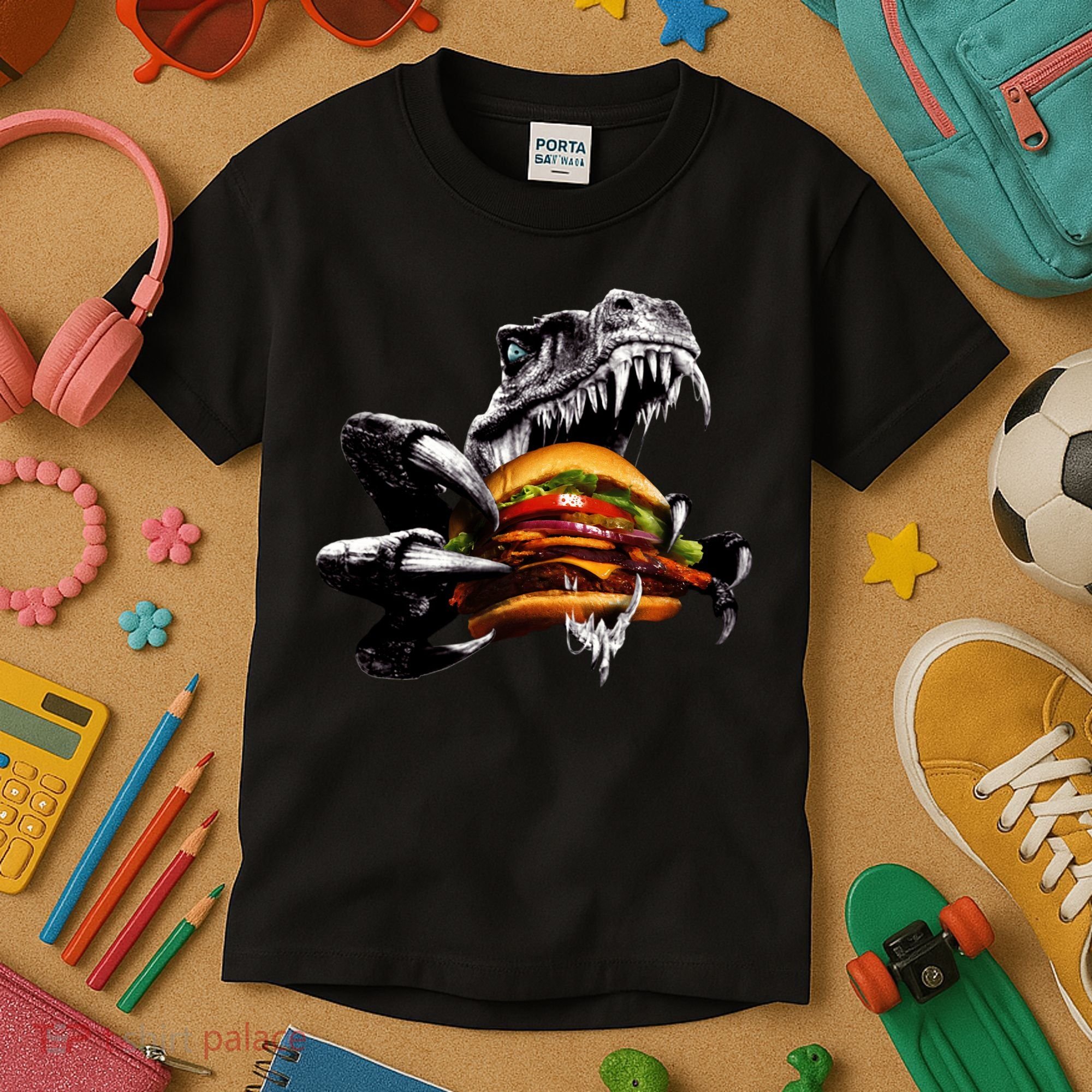 Hungry T-Rex Eating A Burger Kids T-Shirt