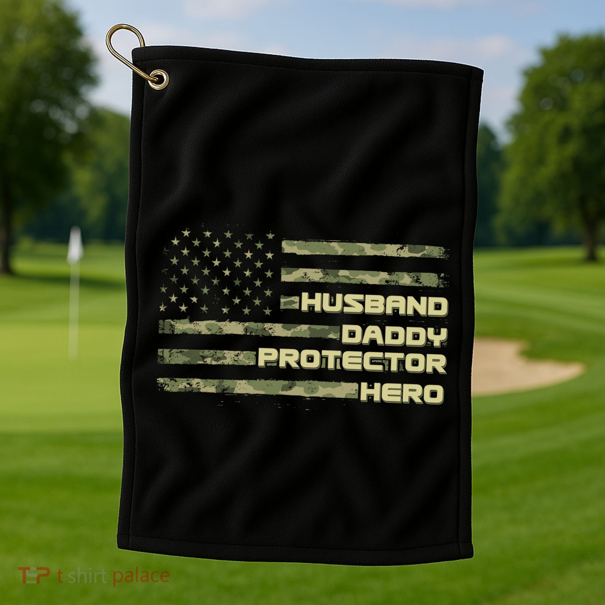 Husband Daddy Protection Hero US American Camo Flag Golf Towel