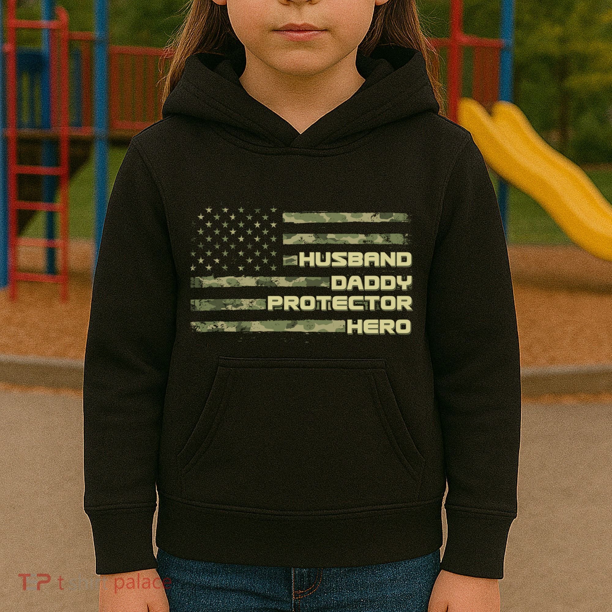 Husband Daddy Protection Hero US American Camo Flag Kids Hoodie