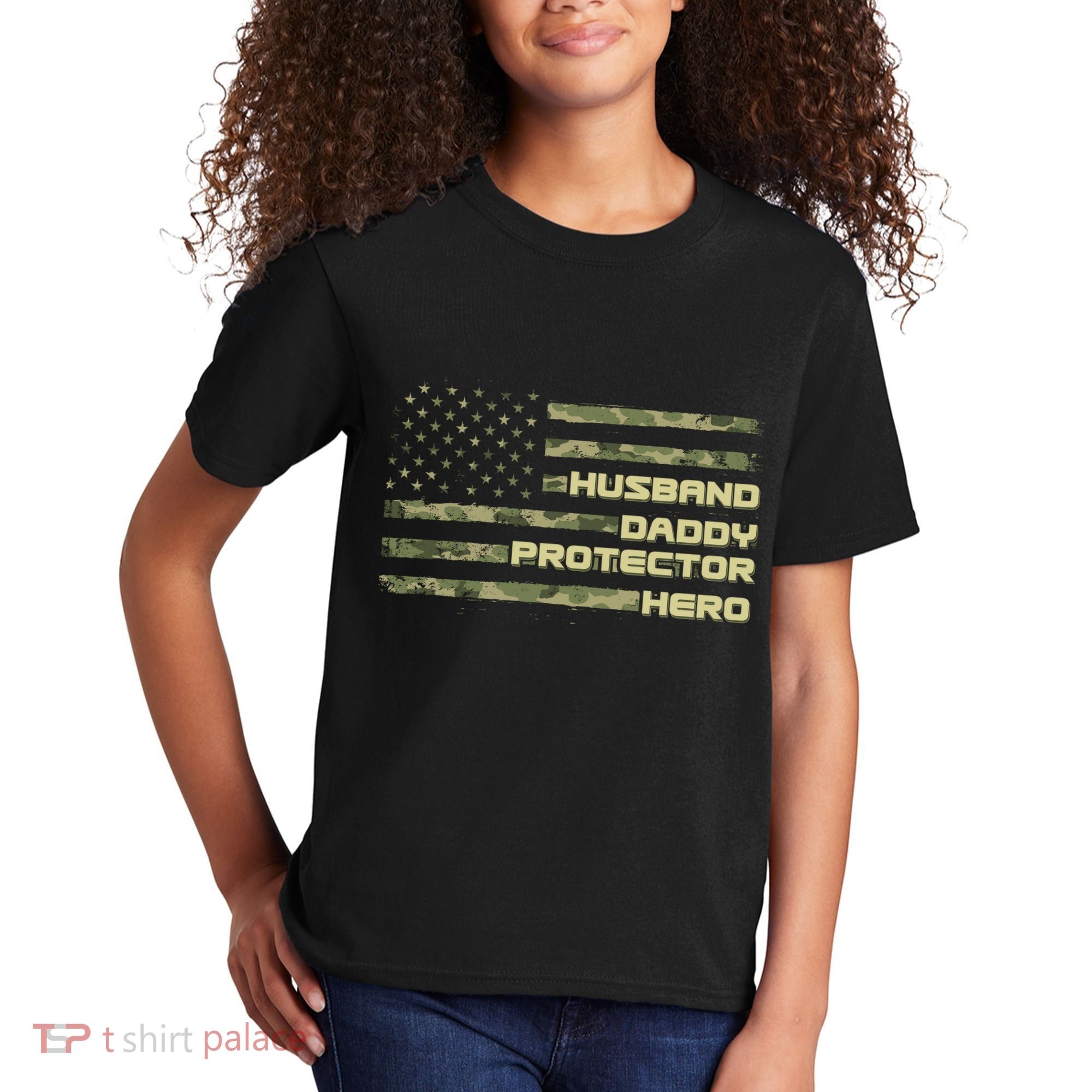 Husband Daddy Protection Hero US American Camo Flag Kids T-Shirt