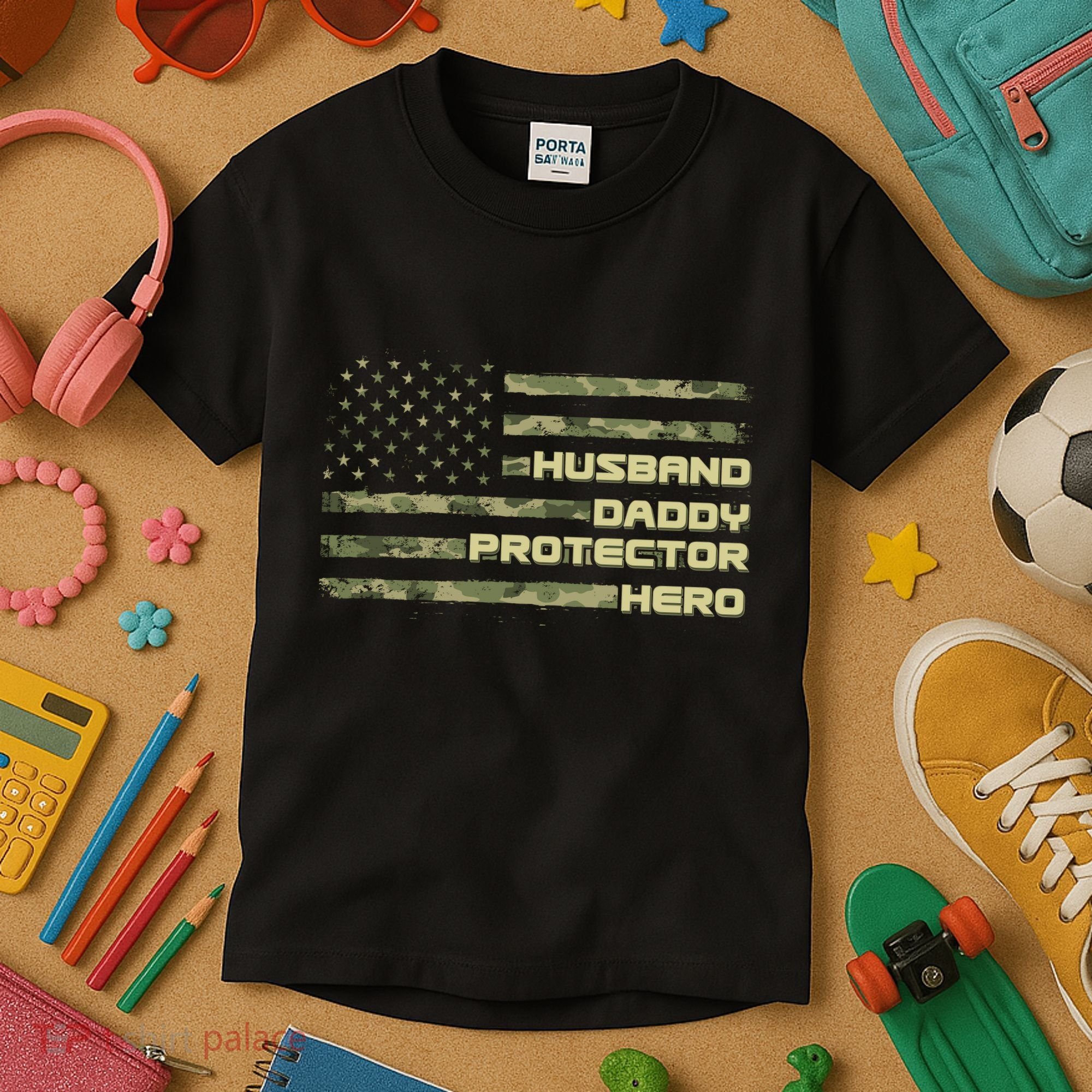 Husband Daddy Protection Hero US American Camo Flag Kids T-Shirt