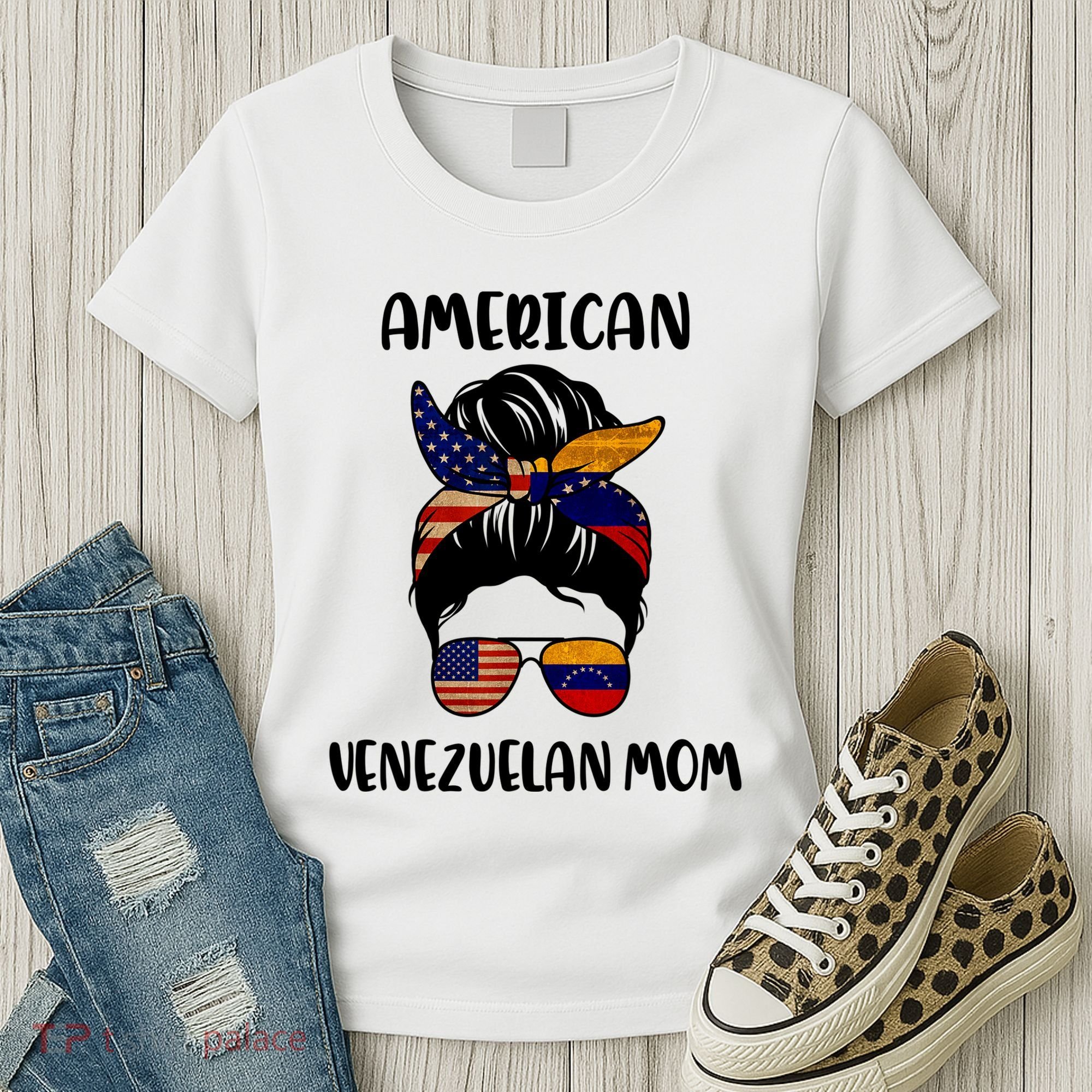 Half Venezuelan American Mom Messy Bun Flag Mothers Day Women's T-Shirt