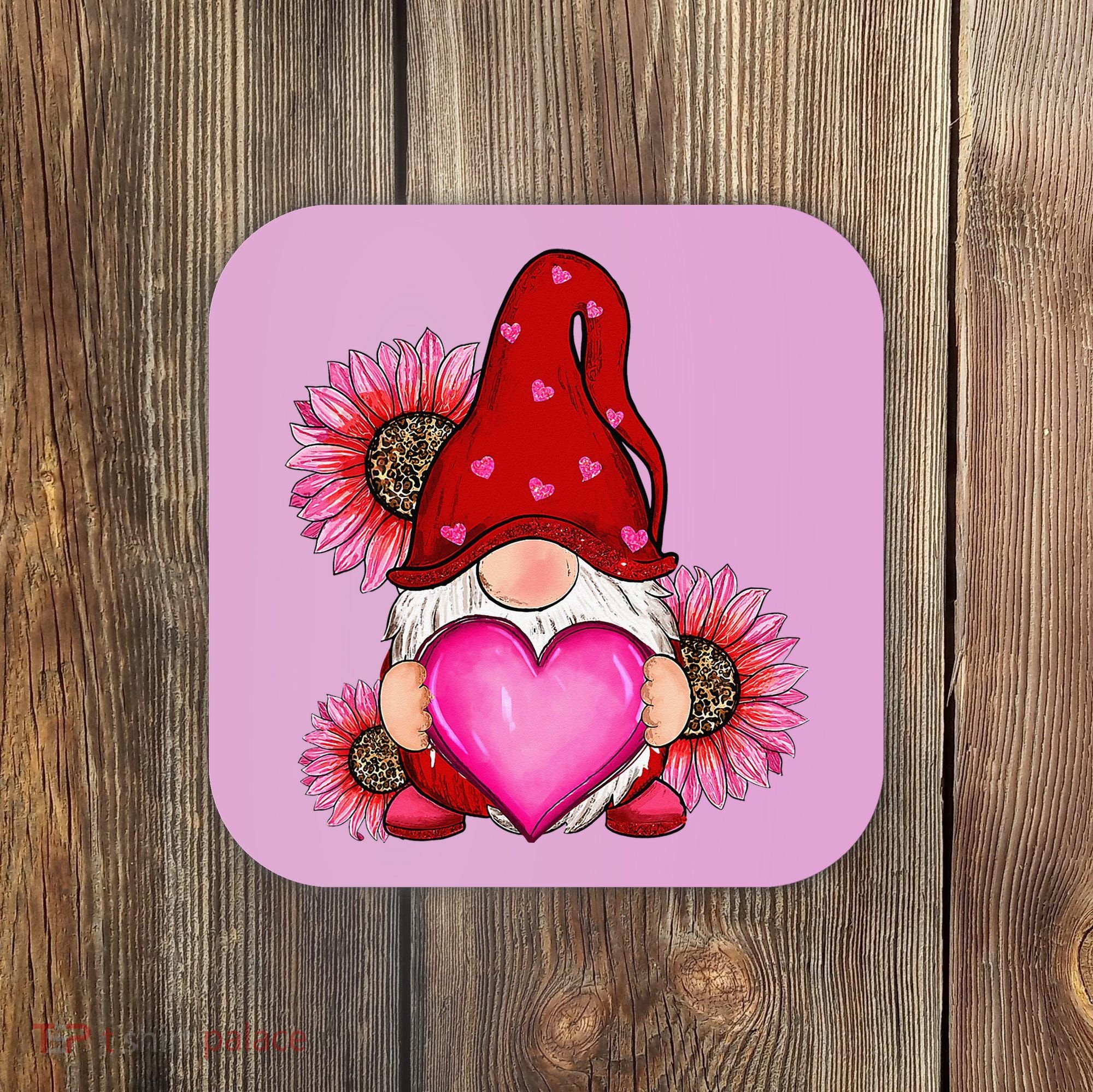 Happy Valentine's Day Gnome with Leopard Sunflower Valentine Coaster