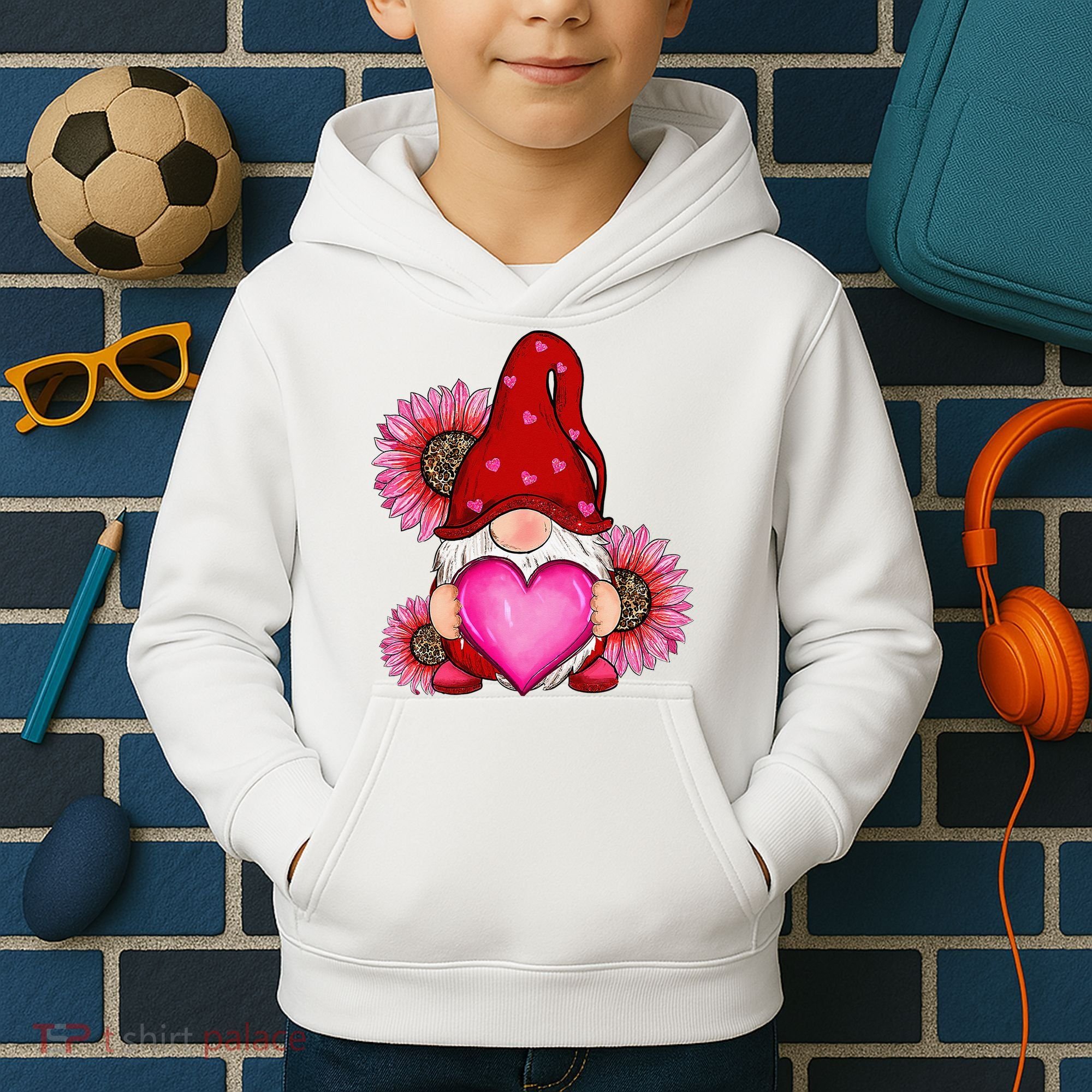 Happy Valentine's Day Gnome with Leopard Sunflower Valentine Kids Hoodie